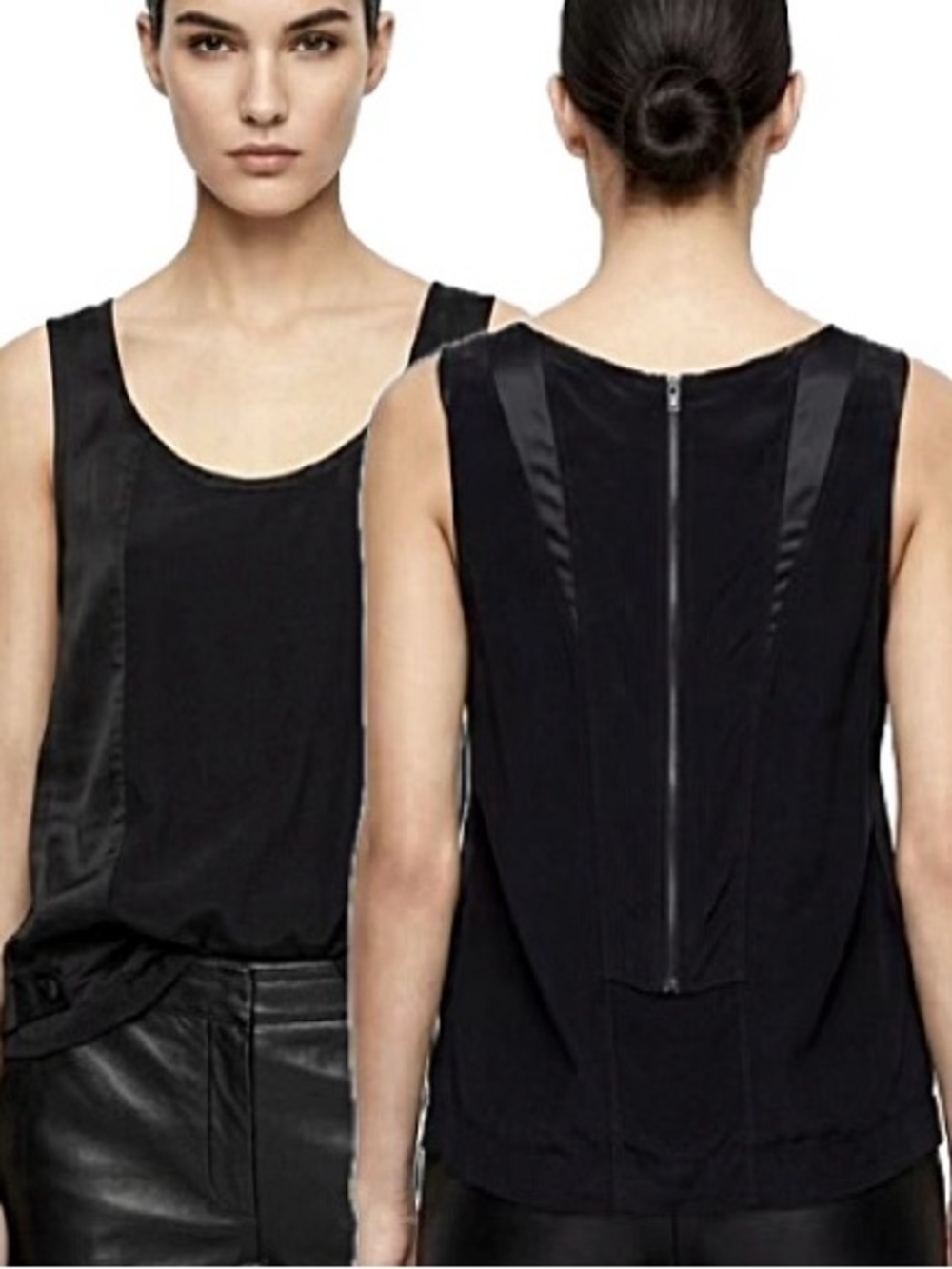 Helmut Lang Black Satin Mix Tank Top Womens Size M Dressy Zipper Back Scoop Neck